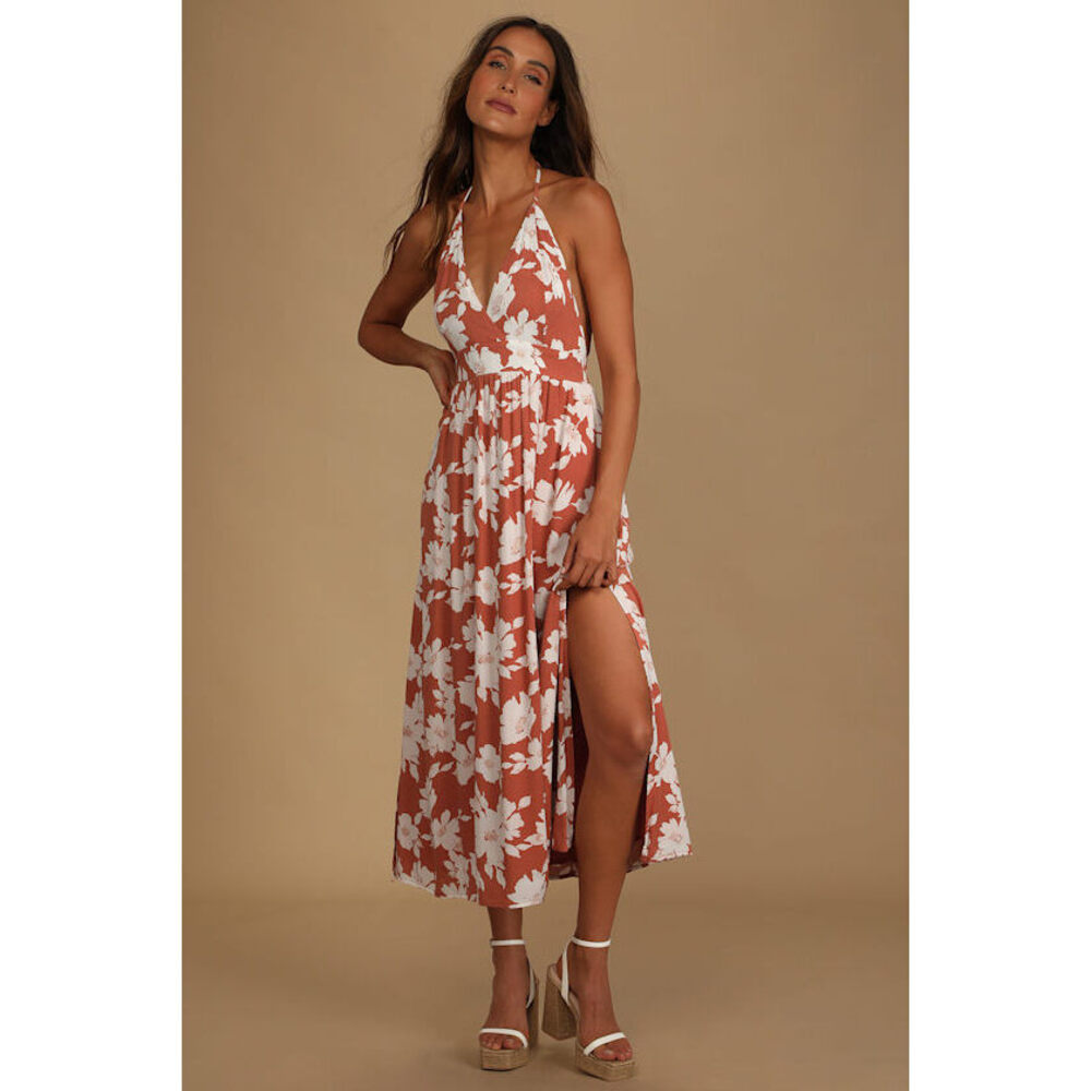 Lulus Follow The Summer Orange Floral Print Halter Midi Dress - Size XL